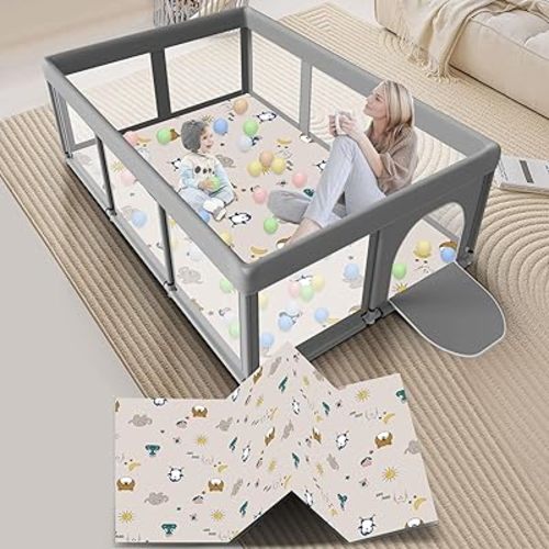 Large Baby Playpen with Mat, 74" ×50", Large Play Yards Indoor & Outdoor, Sturdy Safety Baby Play Pen with Soft Breathable Mesh, Toddlers Play Pen with Anti-Slip Base, Mat Included