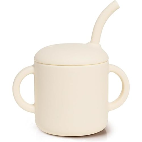 Silicone Baby Cup with Straw, Straw Cup for 6 months+ old, Leak Proof Silicone Baby Training Cup 6 fl oz (Beige)