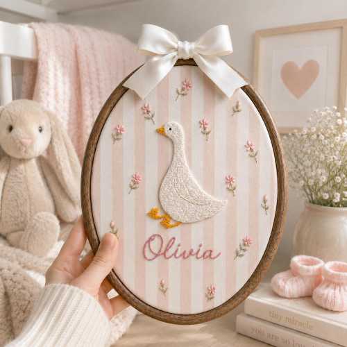 Personalized Striped Goose Baby Name Hoop, Storybook Goose Nursery Wall Art, Floral Embroidered Newborn Gift