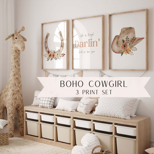 Boho Cowgirl Flower Hat Horseshoe Wall Art Set | Poster Prints | Western Nursery Wall Art | Horse | Country | Barnyard | Darlin&#39; Saying