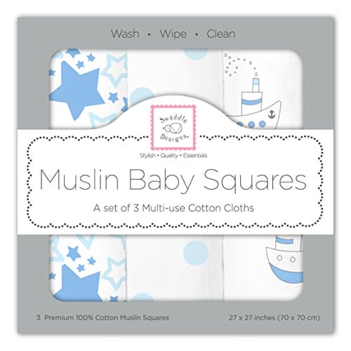SwaddleDesigns Cotton Muslin Squares, Set of 3, 27x27 inches, Pastel Blue Nautical Little Ships Fun