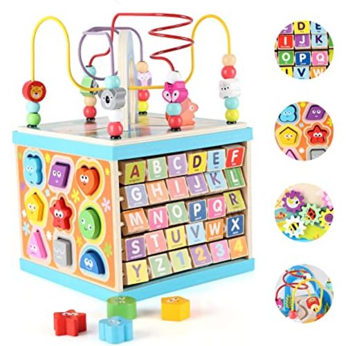 Qilay Wooden Activity Cube for Toddlers 1-3 (Large), 5 in 1 Multipurpose ABC-123 Abacus Bead Maze Shape Sorter | Early Educational Toy for Toddlers - First Birthday Present for Boys Girls