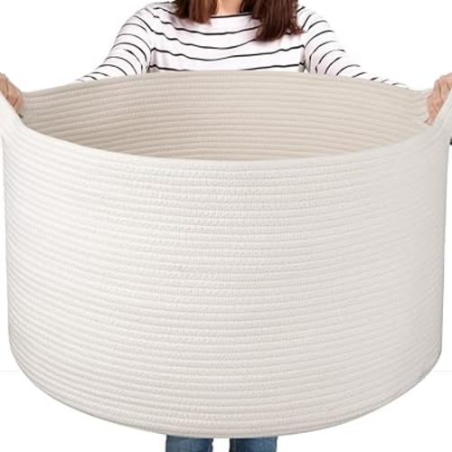 Large Woven Baskets for Storage, 22.8" x 22.8" x 13" Blanket Storage Living Room, Baby Toy Basket for Clothes, Pillows, Towels, Shoe Basket for Entryway (White)