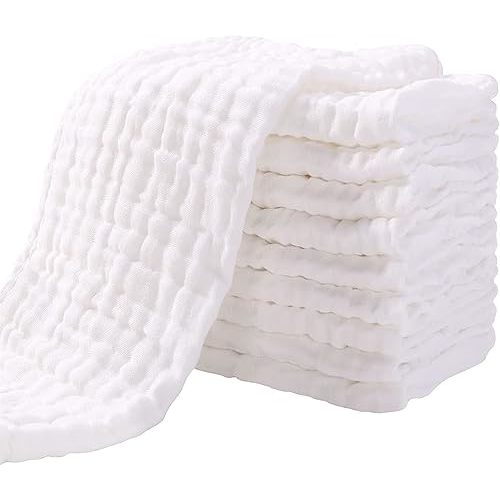 Yoofoss Muslin Burp Cloths for Baby 10 Pack 100% Cotton Baby Washcloths for Boys Girls Large 20''X10'' Super Soft and Absorbent White
