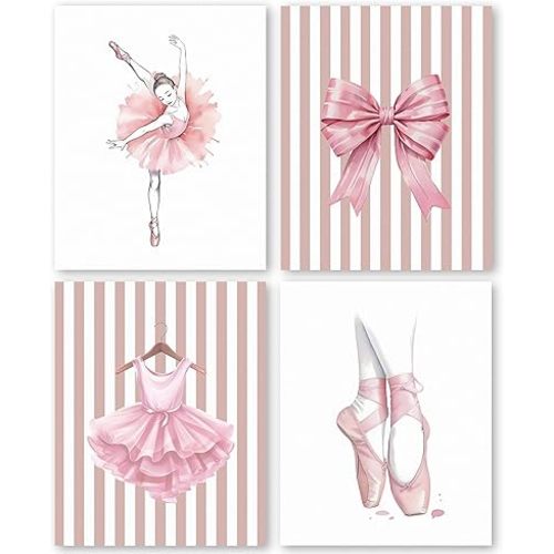 QLMX Coquette Ballerina Wall Art Prints Set of 4, Ballet Wall Art, Ballerina Room Decor, Coquette Room Decor,Pink Bow Prints for Wall Decor, Ballet Shoes Poster Prints for Nursery Room 8”x10”unframed