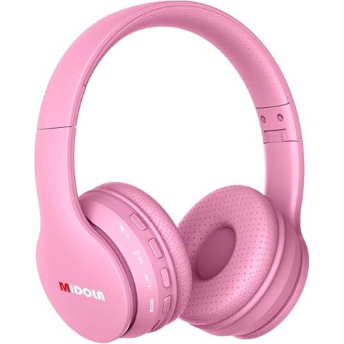 MIDOLA Kids Headphones Bluetooth 5.3 Wireless 60H Play Time Volume Limit 85/110dB Over Ear Foldable Protection Headset/Wired AUX Cord Mic for Children Boy Girl Travel School Phone Pad Tablet Pink