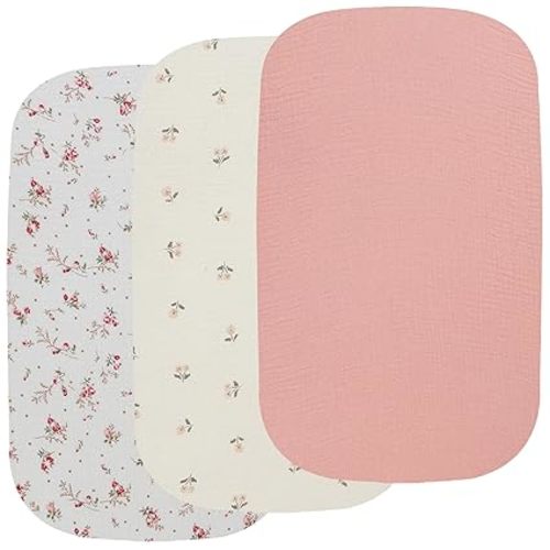 Onacosht Muslin Bassinet Sheets 3 Pack, 100% Cotton Baby Sheet 35" X 20" Compatiable with AMKE 3 in 1 Bassinets, MiClassic, Uiuwoo, Foalom, YADAQE, Milliard and TCBunny Bassinet, Pink and Floral