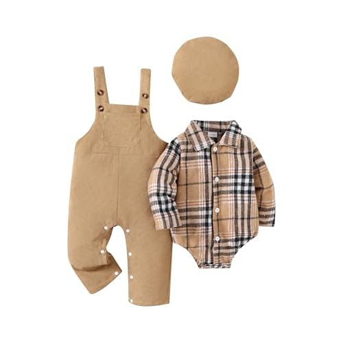Renotemy Baby Boy Clothes Flannel Plaid Bodysuit+Corduroy Overalls+Beret Hat 3Pcs Fall Winter Outfits for 3-24 Months Boys