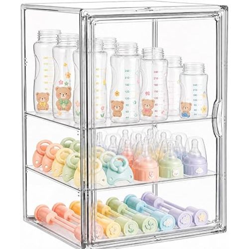 Baby Bottle Storage Organizer for Countertop, X-Large Clear Bottle Organizer, Baby Bottle Storage Organizer for Bottles, Nipples, Pump Parts, Cabinet, Kitchen Pantry