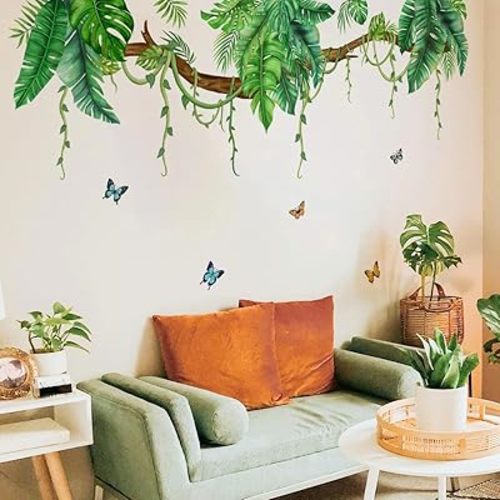 Jungle Wall Decals Tropical Wall Decor Stickers Hanging Vines Palm Leaves Murals Peel and Stick Green Plant with Butterfly Wall Stickers for Bedroom Living Room Wall Decor