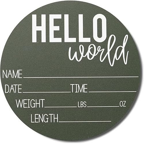 Hickory Hollow Designs - Baby Announcement Sign for Newborn Boys and Girls (Color Bases) - Hello World Nursery Decor Sign & Photo Prop for Babies Made of Birch Wood - 6" Circle Board (Green)