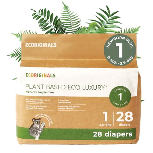Ecoriginals - 28 Eco Newborn Diapers - Baby Diapers with 100% Plant-Based Layers, Disposable & Hypoallergenic Baby Essentials for Newborns - Secure Fit Plus Size 1 Diapers (8-13 lbs), 1 Pack
