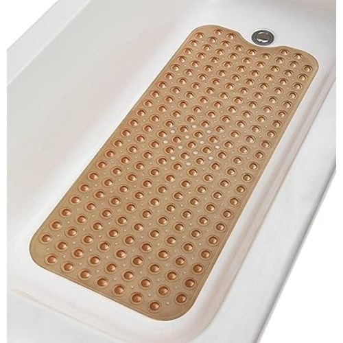 Extra-Long Non-Slip Bathtub & Shower Mat 39”x16” (Smooth/Non-Textured Tubs Only) Safe, Clean, Machine-Washable, Superior Grip&Drainage, Vinyl, Transparent Brown