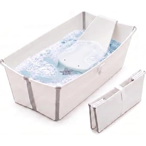 Stokke Flexi Bath Portable Baby Bathtub Bundle with Heat-Sensitive Plug and Newborn Baby Bath Support, White Grey