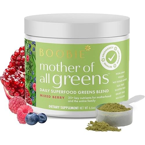 Boobie Mother of All Greens | Your New Family Ritual, Daily Super Greens Powder with 35+ Essential Nutrients for Moms & Families | Vegan, Gluten Free, & Sugar Free | Mixed Berry Flavor, 30 svgs