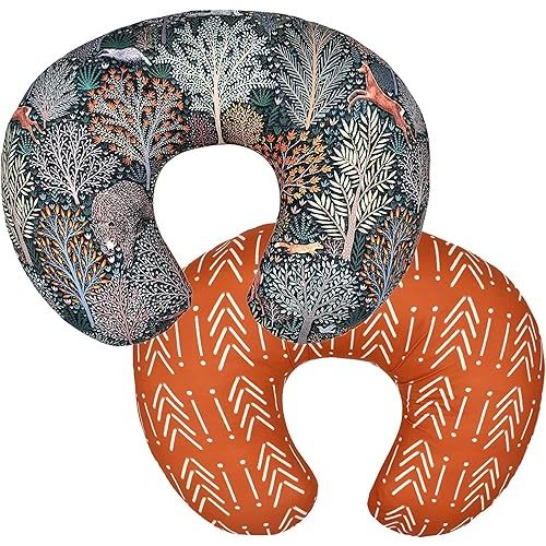 Winmany 2 Pack Baby Nursing Pillow Cover Newborn U-Shaped Breastfeeding Pillowcase Cushion Cover Stretchy Replaceable Forest&Floral Pillow Cover Slipcover 22.5x18 (Forest + Retro Geometry)