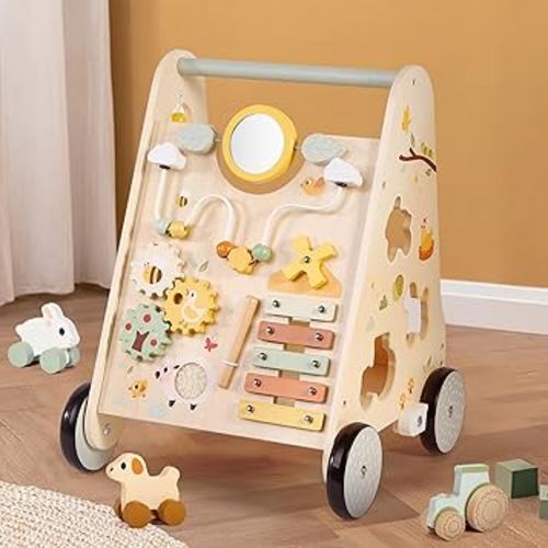Wooden Baby Push Walker, Baby Walker with Activity Center for Girls Boys, Montessori Sensory Push Toys for Babies Learning to Walk & Sit-to-Stand