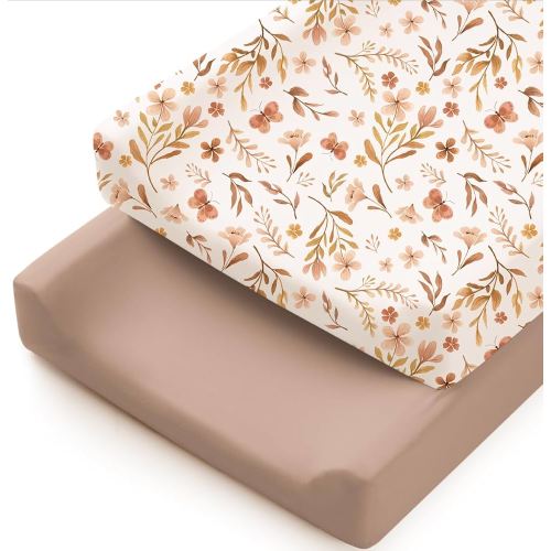 Konssy 2 Pack Stretchy Changing Pad Covers for Girl, Boy, Silky Soft Changing Table Cover, Breathable Baby Nursery Diaper Chang Pad Sheets (Autumn Bloom,Clay)