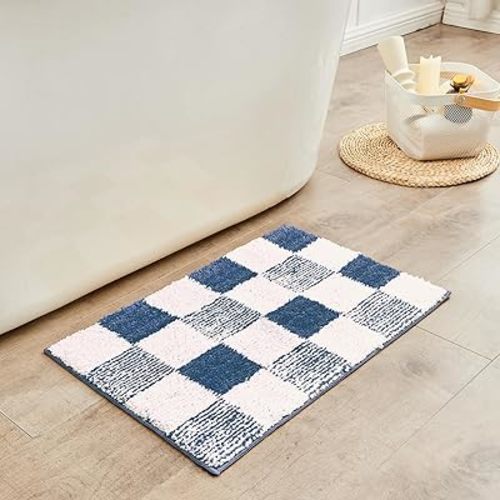 CozeCube Checkered Bath mats for Non Slip, Fluffy Absorbent Microfiber Bath mat Washable, Aesthetic Bathroom Rugs, Cute Bath mat for Shower Sink, Dark Blue, 24" x 16"