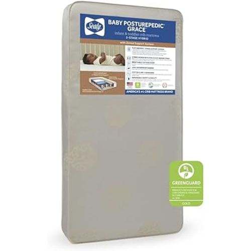 Posturepedic Grace Breathable Hypoallergenic 2-Stage Dual Firmness Waterproof Baby Crib Mattress & Toddler Bed Mattress, Hybrid Coil & Memory Foam, Certified, Made in USA, 52"x28"