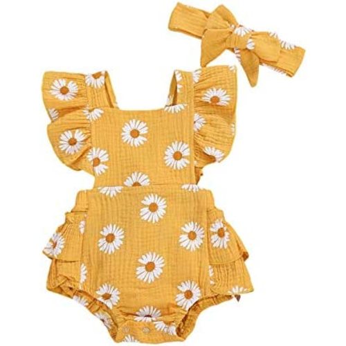 Baby Girls Floral Cotton Leotard Romper Newborn Daisy Playsuits Ruffled Sleeve Onesie Infant Jumpsuit Clothes Headband