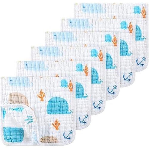Looxii 100% Cotton Muslin Burp Cloths Large 20''x10'' Extra Soft and Absorbent 6 Pack Baby Burping Cloth for Boys and Girls (Whale)