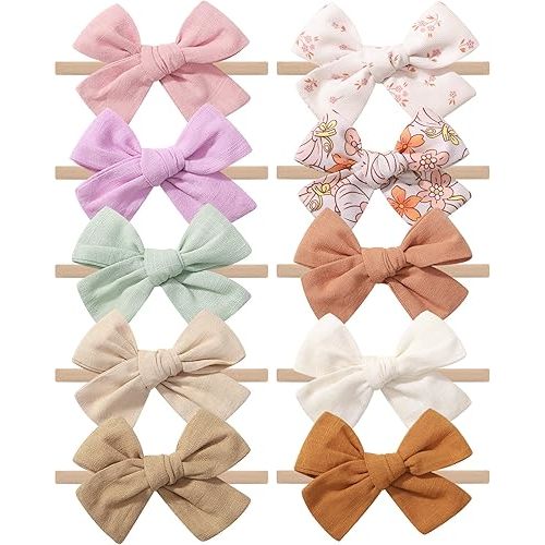 doboi 10PCS Baby Headbands Girls Hair Bows Nylon Linen Hairbands Handmade Hair Accessories for Newborn Infant Toddlers Little Girl and Kids