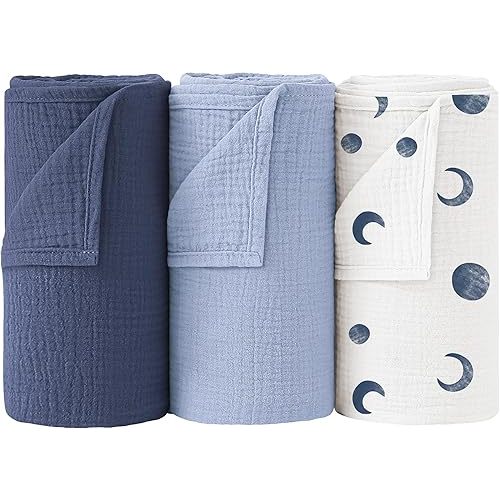 Bearmoss Muslin Swaddle Blankets 100% Cotton Baby Swaddle Blankets 47x47in, Super Soft Receiving Blankets for Unisex Baby Boys Girls(Blue Moon)