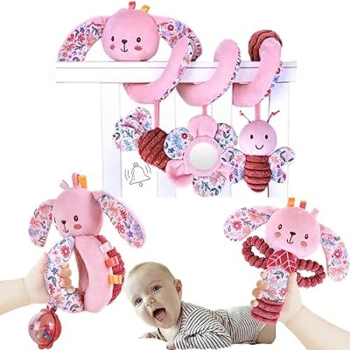 Baby Spiral Car Seat Toys for Babies 0-6 Months Girl Boy, Stroller Hanging Rattles, Infant Stuffed Animals Carseat Activity Toy 3-6-12 Months, Newborn Shower Gifts Mirror, Crinkle, Bunny 3PCS
