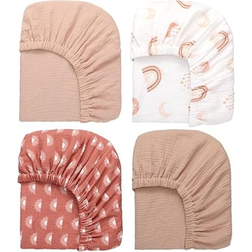 4 Pack Muslin Crib Sheets Neutral Soft and Breathable Cotton Baby Sheets for Girl Boy 52''x28'' Standard Fitted Crib Mattress(Boho Rainbow & Sun)
