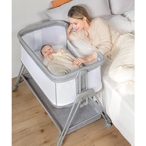 Baby Bassinet Bedside Sleeper with Wheels and Storage Tray, 4-Side Mesh Bedside Bassinet for Baby,Height Adjustable Bedside Crib for Newborn/Infant, Light Grey,Mattress Included