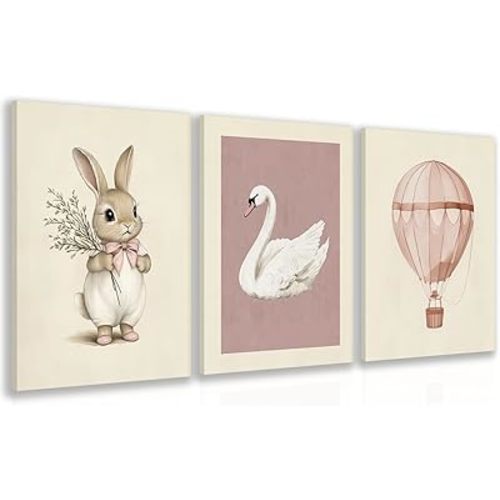 kilamino Pink Baby Girl Nursery Wall Art, Neutral Cute Rabbit and Swan Wall Decor, Vintage Hot Air Balloon Poster Prints, Pastel Bunny Animals Canvas Paintings for Baby Room Playroom Framed 12"x16"x3