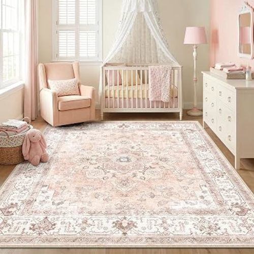 Square 6ft Washable Nursery Girls Low Pile Area Rug Pink