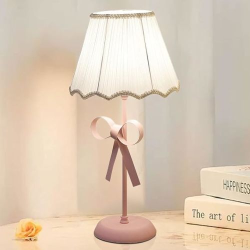Pink Bow Lamp for Girls Room, Cute Coquette Table Lamp with Fabric Shade Bedroom Small Single Princess Desk Lamp Modern Decorative Boho Living Room Kids Reading Room Bedside End Table