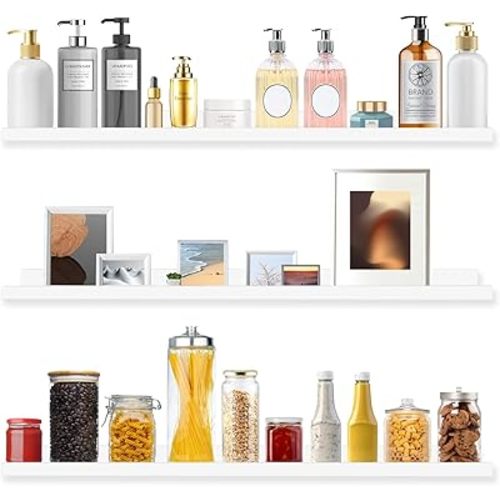 MBYD Whtie Wood Floating Photo Shelves 48 Inch Long Wall Mounted Picture Photo Ledge Display Shelf Nursery Book Shelves for Bedrooms Office Living Room Kitchen 3 Same Sizes