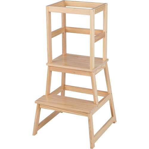 VividVibes Kids Kitchen Step Stool with Safety Rail, 2 in 1 Solid Wood Montessori Learning Stool Standing Helper for Kitchen Counter, 2-Tier Seat Stool for Toddlers 18 Months-5 Years Old, Natural