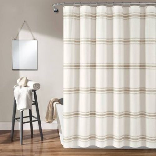 Farmhouse Striped Shower Curtain Beige - Lush Décor: 100% Cotton, Machine Washable, Buttonhole Top