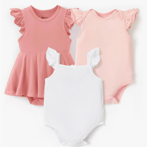 3-6 mo PATPAT Baby Girl Bodysuits - Soft Bamboo Viscose - Flutter Sleeves Cute Dress - Newborn Infant Summer Clothes - 3 Pack