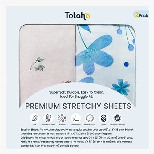 TotAha Premium Stretchy Crib Sheets (2-Pack)-Hypoallergenic, Silky Comfort, Buttery Soft, Calming Effect, All-Season Jersey-Knit Sheets, 28 X 52 X 9'' (Blue Flower & Small Floral)