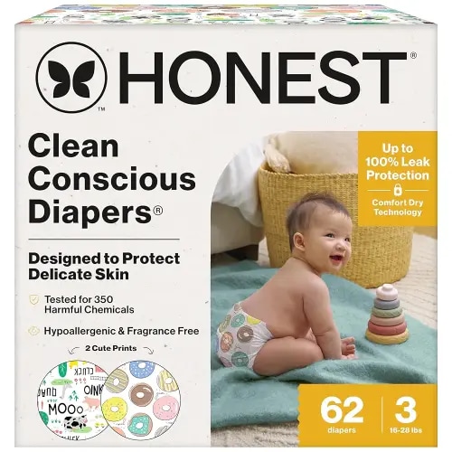 The Honest Company Clean Conscious Diapers for Sensitive Skin | Up to 100% Leakproof | Hypoallergenic, Fragrance Free | Gender Neutral | Club Box, Size 3 (16-28 lbs), 62 Count (Prints May Vary)