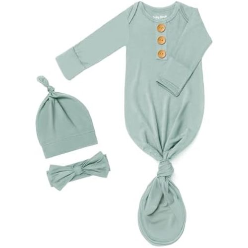 Soft Newborn Knotted Gown with Hairband and Hat, Baby Boy Girl Coming Home Outfit, Sleeper Baby Sleep Gown with Mittens