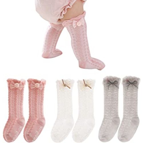 Baby Knee High Socks Non Slip Grip Ankle Socks Ruffled Long Stockings for Infants Toddlers Kids Boys Girls