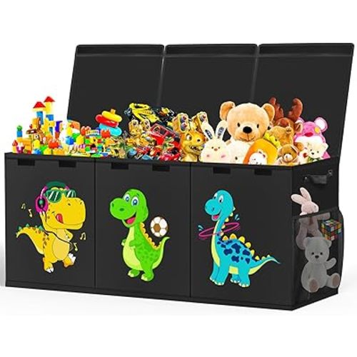 Extra Large Toy Box, Collapsible Toddlers Toy Chest Kids Storage Organizer, Dinosaur Bin Boxes Storage Basket with Lids for Boys, Girls, Living Room, Nursery, Playroom, 40"x14"x16", Black