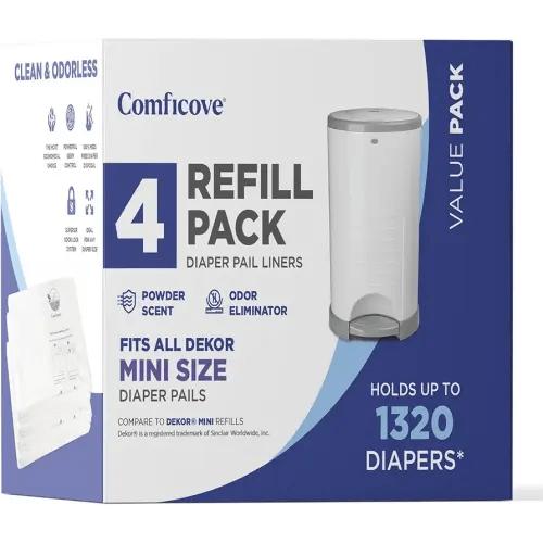 Refills Compatible with DEKOR Mini Diaper Pails | 4 Pack | Diaper Pail Refills | Powder Scent | Holds up to 1320 Diapers