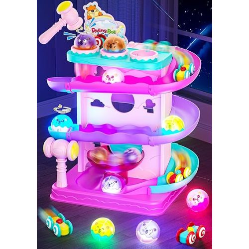 Funwee 2-in-1 Rolling Ball & Racing Car Ramp Toy for Toddlers, Race Track Hammer Lights Ball Drop, Interactive Montessori Learning Game Birthday Gift Idea for Kids 2 3 4 5+Year Old Girl Boy(Pink)