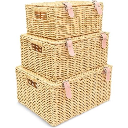 Wicker Storage Baskets with Lids – Set of 3 (Large, Medium, Small) for Organizing Clothes, Toys, Books – Stackable Basket with Lid for Bedroom, Nursery, and Home Decor