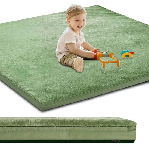 Baby Play Mat for Floor,1.3" Thick Padded Foam 50x50 playpen mat, Removable&Washable Cover,Non-Slip Soft Velvet Nursery Rug for Baby Crawling,Toddlers,Infants,Kids,Yoga,Tatami,Green