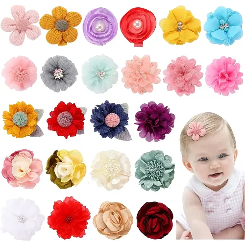Cinaci 24 Pack Colorful Chiffon Rose Daisy Flower Hair Bows Fully Lined Alligator Hair Clips Handmade Soft Floral Small Hair Barrette Hair Pin Accessories for Baby Girls Newborns Infants Toddlers Kids