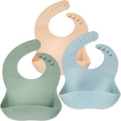 Moonkie Silicone Bibs Set Of 3, BPA Free Soft Adjustable Fit Waterproof Feeding Bibs for Babies and Toddlers(Ether/Sage/Cream)