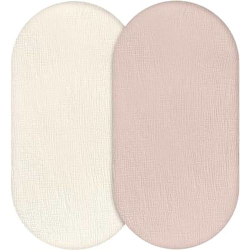 Muslin Bassinet Fitted Sheets, 2 Pack for Baby Boy and Girl, Soft Breathable Stretchy Baby Pad/Mattress Sheet Set, Universal Fit for Hourglass Oval and Rectangle Bassinet Mattress (Gentle Colors)